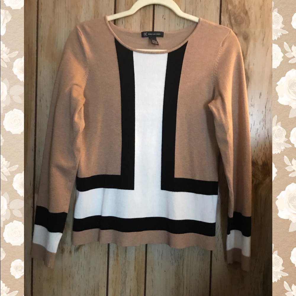 I.N.C  Tan Knit Top With Black/Cream Stripes Sz L